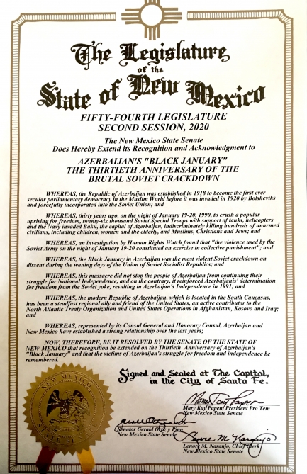 Le Sénat du Nouveau-Mexique a adopté une proclamation sur le 30e anniversaire de la tragédie du 20 Janvier