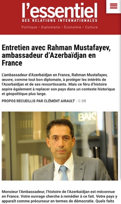 L'Essentiel-int publie l'entretien avec Rahman Mustafayev, ambassadeur d'Azerbaïdjan en France