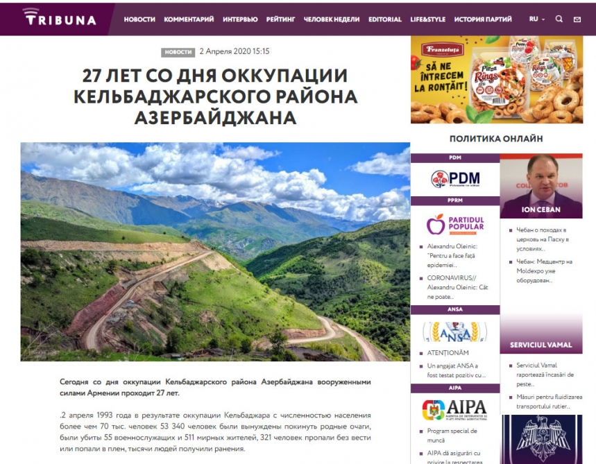 Un portail moldave parle de l’occupation de la région azerbaïdjanaise de Kelbedjer par l’Arménie