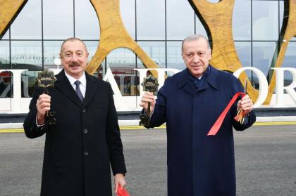 President Ilham Aliyev and President Recep Tayyip Erdogan attend opening ceremony of Fuzuli International Airport