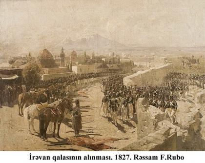 Seizure of Irevan castel. 1827. Artist:F.Rubou.