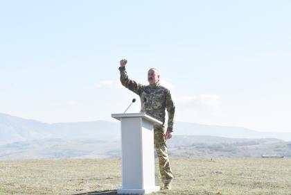 President, Commander-in-Chief of Armed Forces Ilham Aliyev made speech in front of servicemen in Shusha